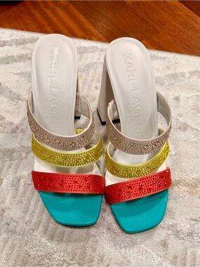 Karl Lagerfeld Red Yellow Turquoise Crystal-Strap Block Heel Sandals - NEW